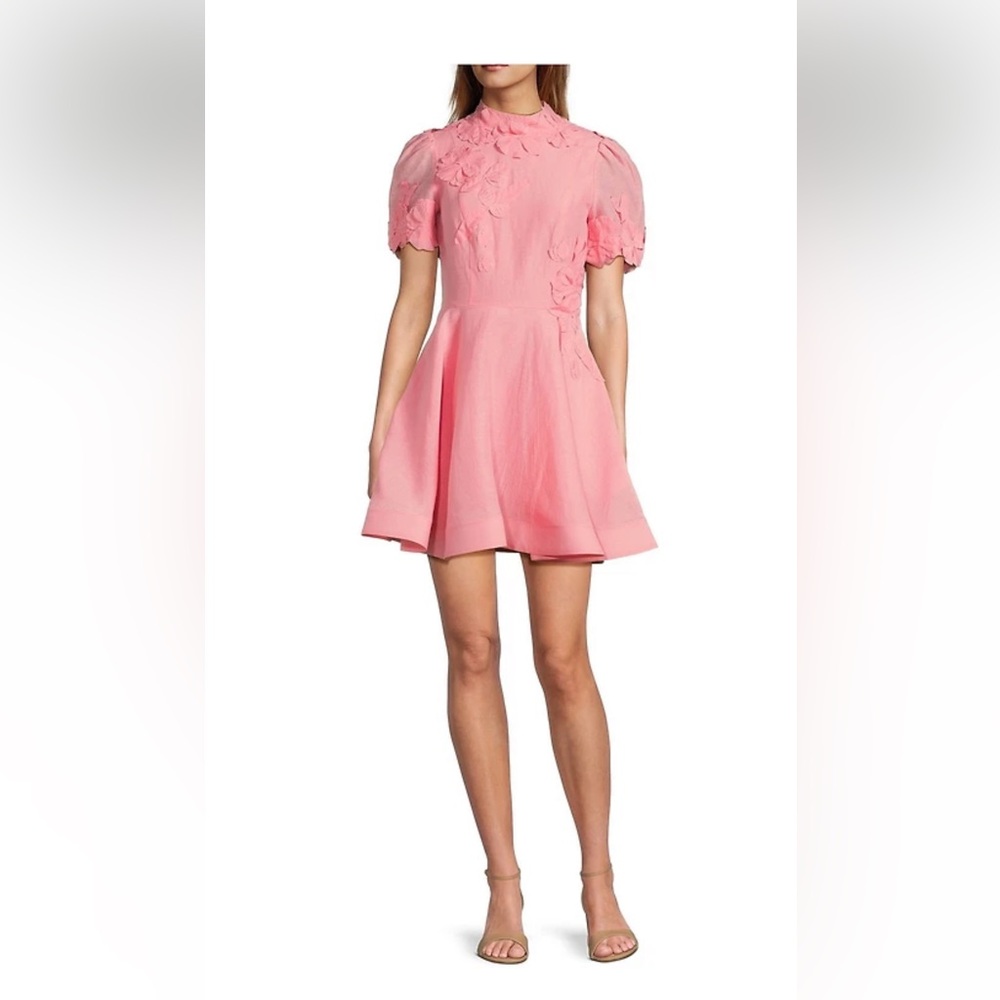 ANTONIO MELANI IRIS LINEN FLORAL MOCKNECK SHORT DRESS